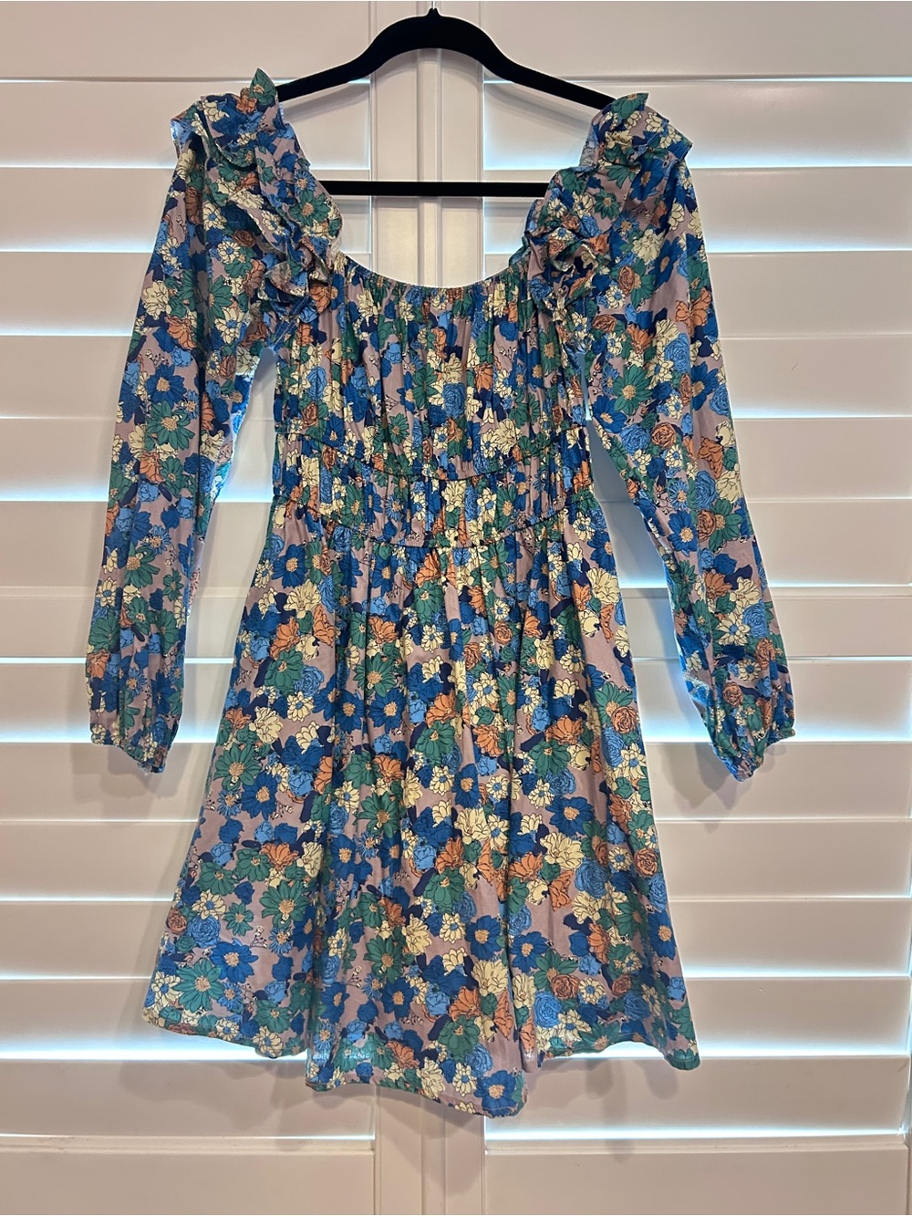 Entro Square Neck Ruffled Floral Print Long Sleeve Dress Blue Multi Size Small